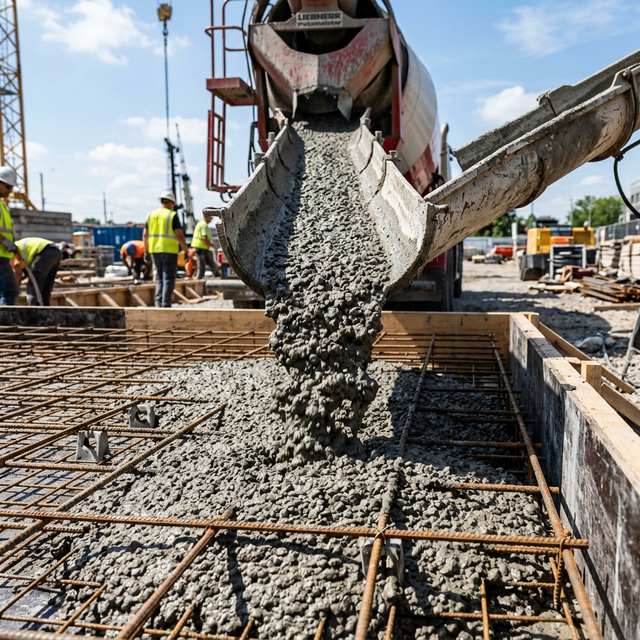 Concrete mixing truck pouring wet concrete